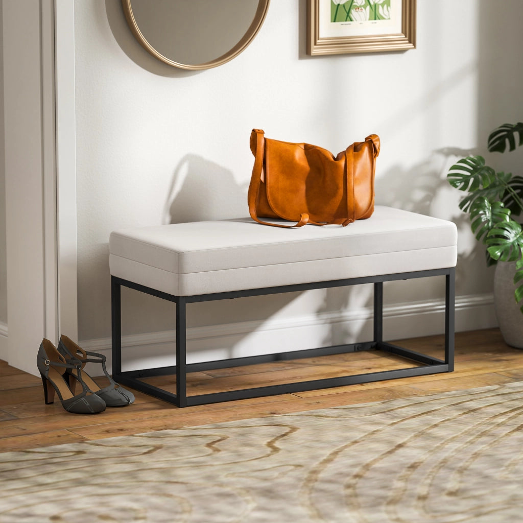 Panca da Ingresso Moderna con Appendiabiti ¨C Zephmum ¨C Acciaio Grigio, Velluto Crema, 94x42x44 cm