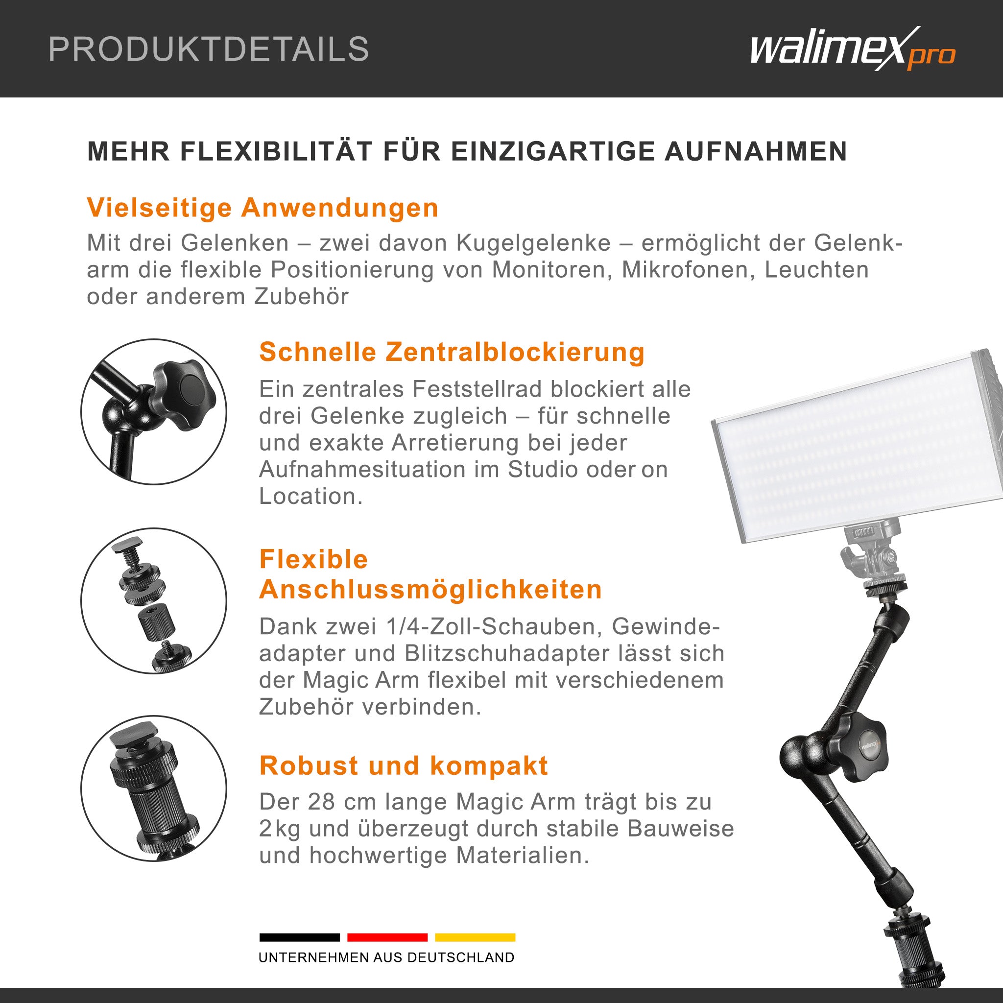 Walimex Pro Swivel Arm Magic 28 Braccio articolato - 280 x 70 x 39 mm - max 2 kg - collegamento 2x 1/4" - Supporto per reflex stativi video rig dolly