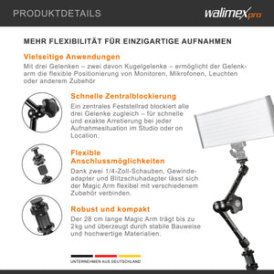 Walimex Pro Swivel Arm Magic 28 Braccio articolato - 280 x 70 x 39 mm - max 2 kg - collegamento 2x 1/4" - Supporto per reflex stativi video rig dolly