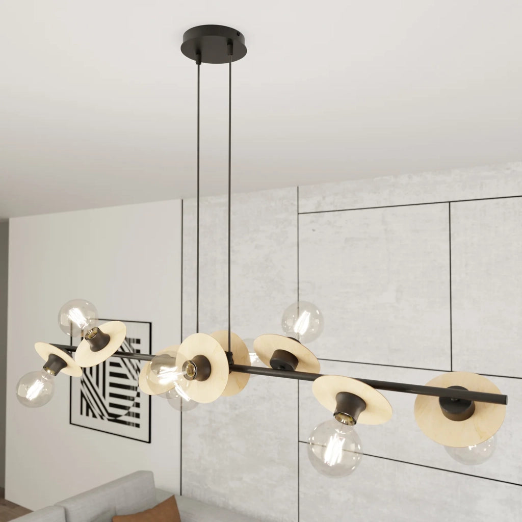 Lampadario 8 Luci Eos In Acciaio Nero E Legno Con Barra E Diffusori A Piatti