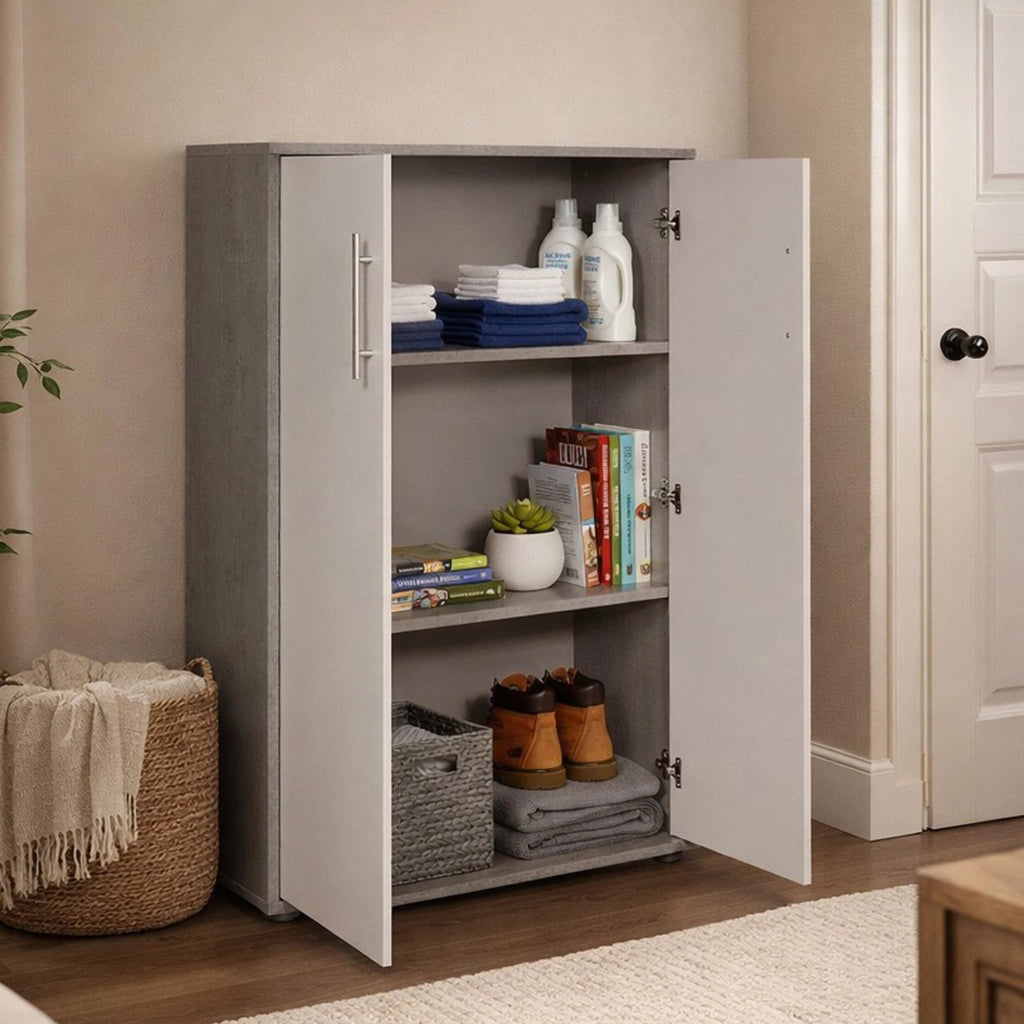 Armadio multiuso Angie, Mobile ausiliario con ripiani, Armadio lineare, Guardaroba Portascarpe, portaoggetti, Bianco e Cemento, cm 79x34h118