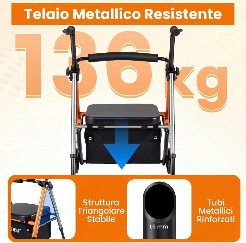 Deambulatore per Anziani Pieghevole, 2 in 1 Girello con Seduta a 3 Livelli, Sacchetti Portaoggetti e Impugnatura Ergonomica, Rollator Deambulatore Portatile per Intreno ed Esterno