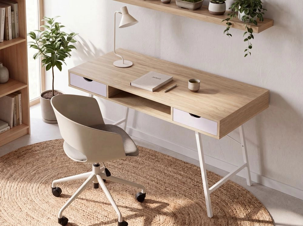 Scrivania da Ufficio Legno Chiaro e Bianco 120 x 48 cm 2 Cassetti Scandinavo