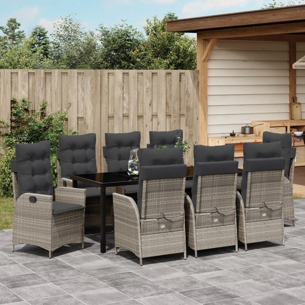 Set da Pranzo Giardino 9 Pezzi con Cuscini Grigio Chiaro Polyrattan