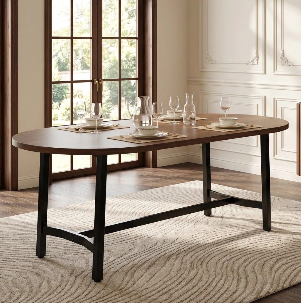 Tavolo da pranzo 180x80 cm con angoli arrotondati; struttura stabile in ferro e MDF; noce