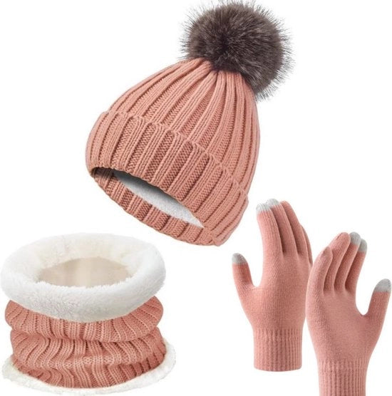Set di calzamaglia da inverno 3 in 1, cappello + sciarpa + guanti touchscreen per la calda, facile, unisex, adatto per sport all'aperto, jogging, sci, escursioni - rosa - 35*25*4