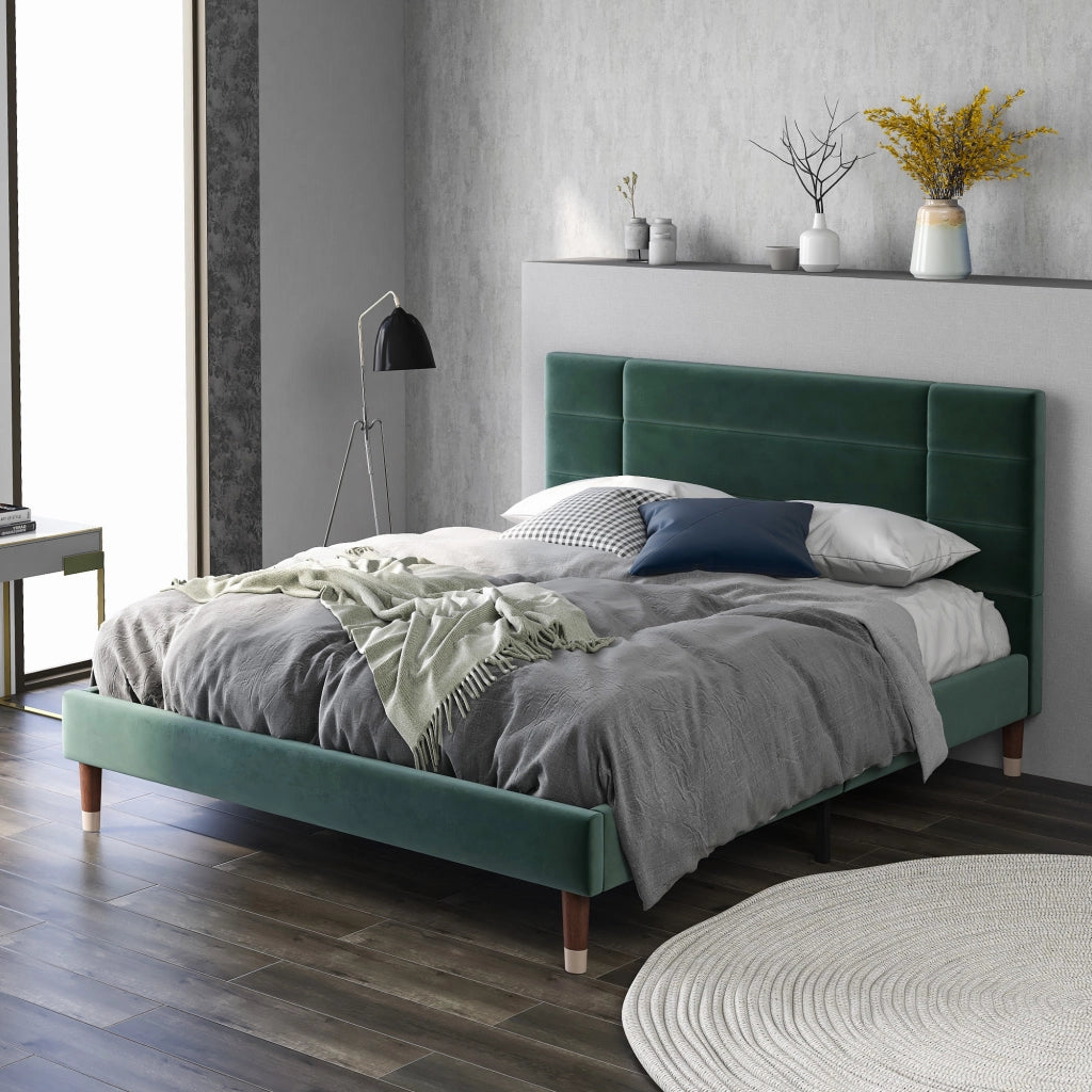 Letto matrimoniale – 140x200 cm – testiera imbottita rete – velluto verde scuro