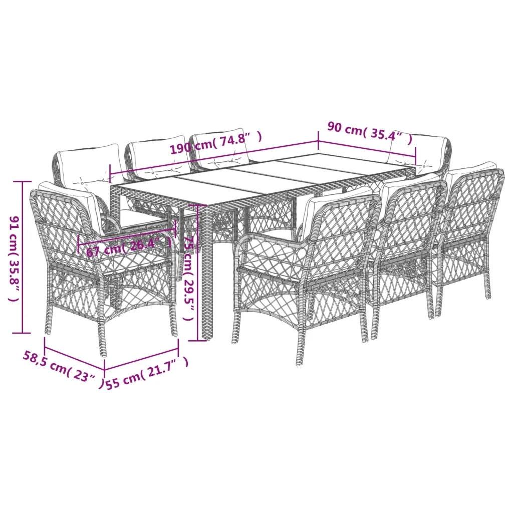 Set da Pranzo da Giardino 9 pz con Cuscini in Polyrattan Grigio