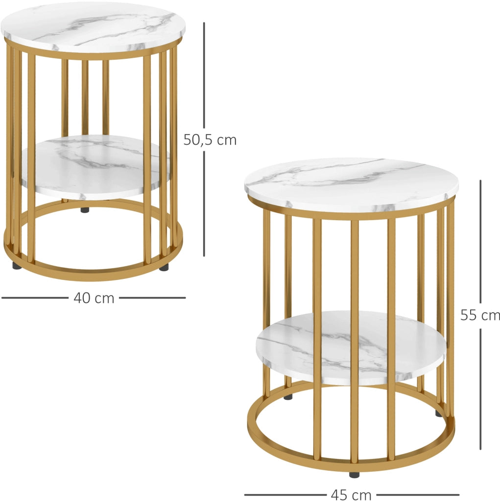 Set di 2 tavolini rotondi con ripiano effetto marmo bianco