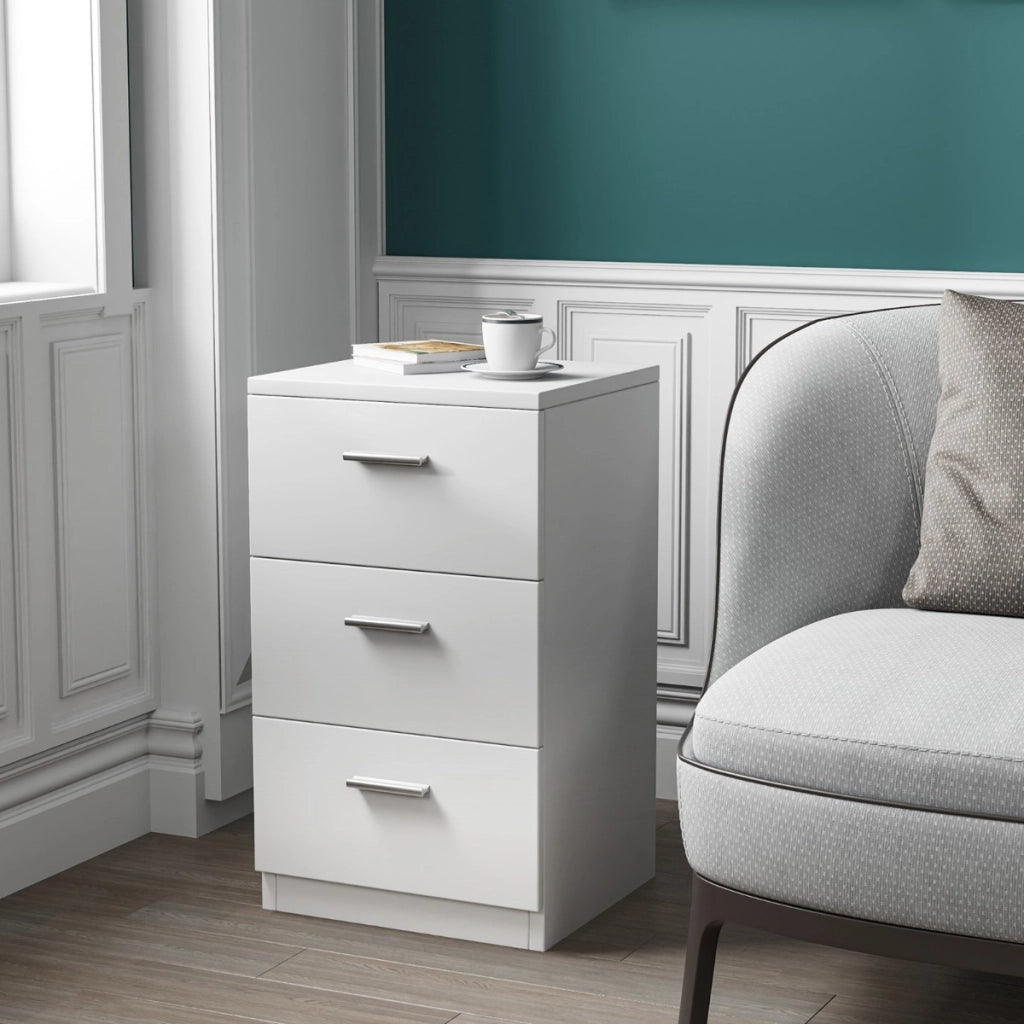Cassettiera a tre cassetti moderna in legno truciolato Mobiletto per camera da letto 38x35x66cm Bianco-Cassettiere