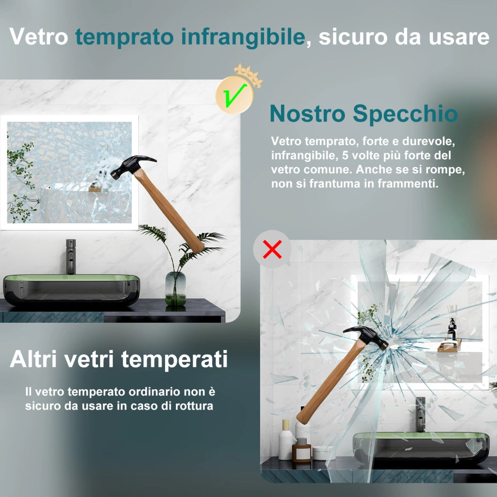 AICA Specchio 60x50cm,3 colori,Memoria, Antifog,Regorabile,Retroilluminato,doppio interruttore