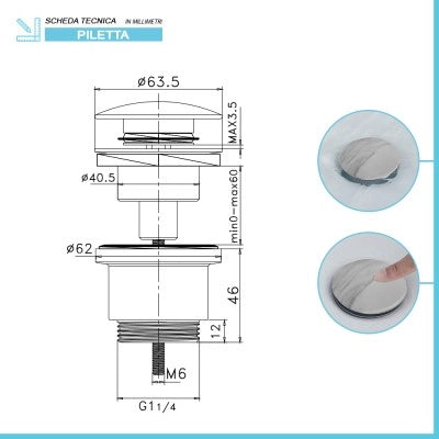 Piletta di scarico clic clac effetto marmo bianco con e senza troppopieno