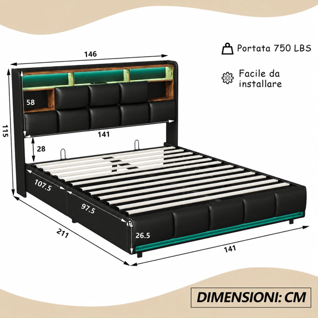 Letto matrimoniale con contenitore idraulico, testiera con vani, LED RGB, pelle sintetica nera, 140x200 cm, con porte USB e presa di corrente