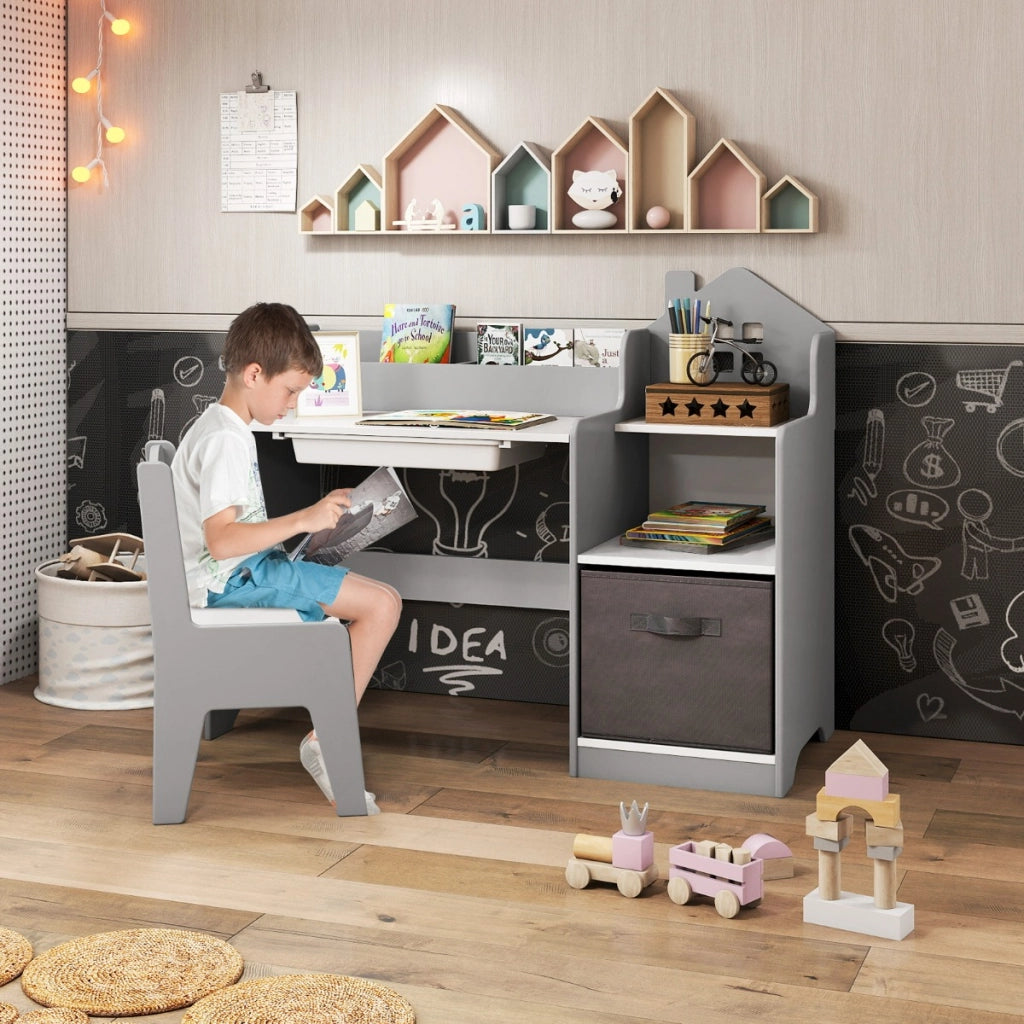Set scrivania e sedia per bambini con mensole aperte e cassetto in tessuto, Tavolo da studio per bambini Bianco e grigio-Tavoli e sedie