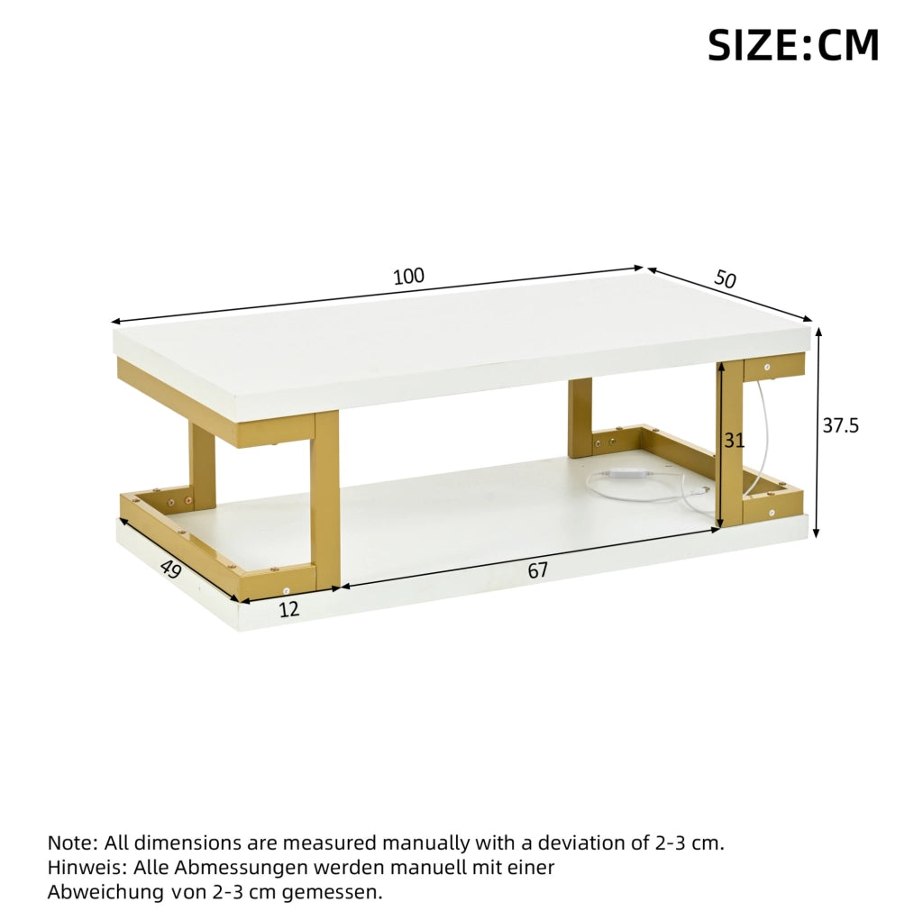 Tavolino da caffè rettangolare 100x50x37;5 cm bianco e oro con LED; MDF e metallo