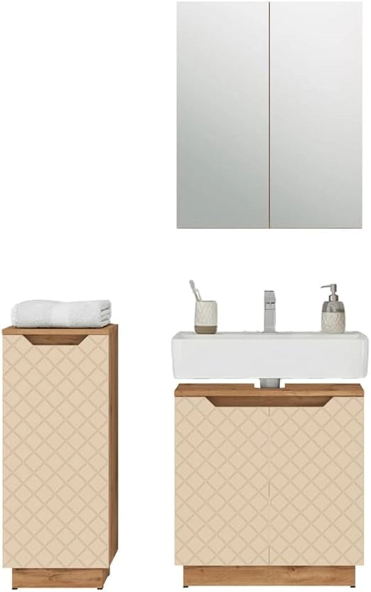 Set di mobili da bagno Lotta, Rovere/cashmere con struttura in piastrelle, 3 parti