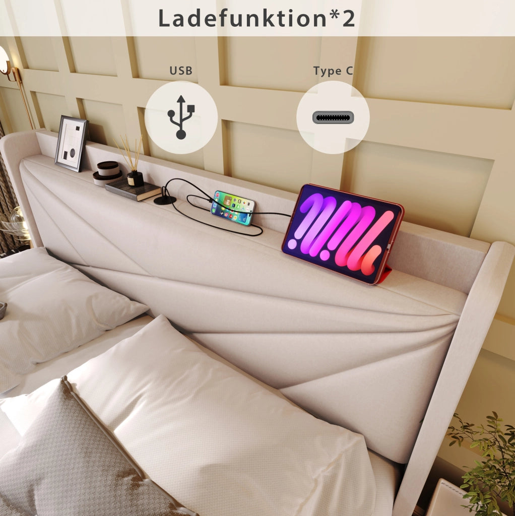 Letto matrimoniale con contenitore e testiera con USB e Tipo C 140x200 cm in cotone lino beige