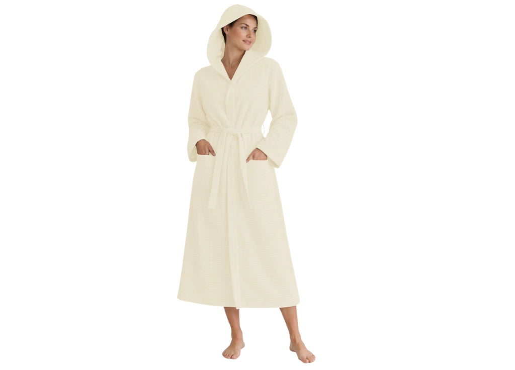Accappatoio Con Cappuccio In Morbida Spugna Mod. Boutique Tinta Unita Crema - M-L - Crema