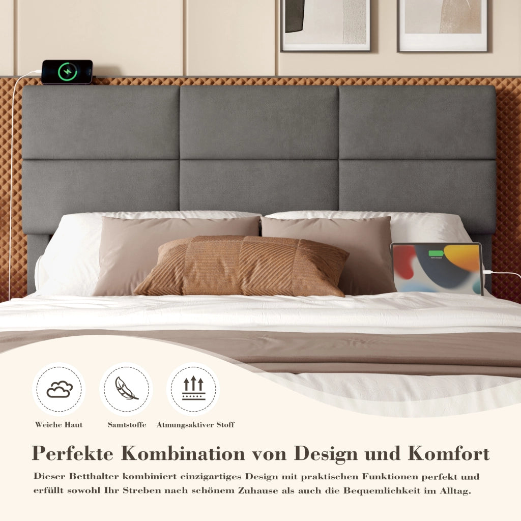 OKWISH Letto Contenitore 160×200 cm, Letto Matrimoniale con USB, Tipo C, LED Regolabile e Testiera Regolabile, senza Materasso, in Velluto, Grigio Scuro