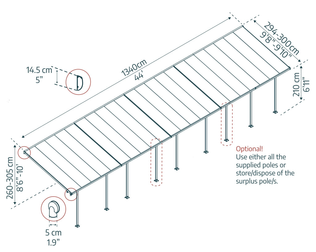 Pergola Addossata in Alluminio  3X13.4 m colore Grigio - Canopia Feria
