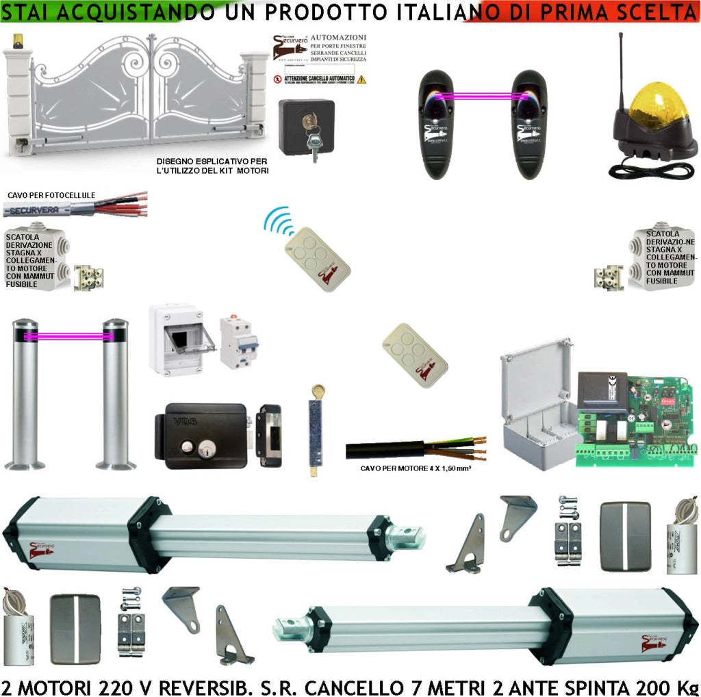 Kit Apricancello 7 Metri 2 Ante da 3,5 MT 2 Motori Elettromeccanici Reversibili 230 V Centrale 2 Coppie Fotocellule 2 Radiocomandi Salvavita Faro Serratura Paletto Selettore 2 Scatole Fusibili 2 Cavi