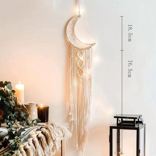 Decorazione per parete macramé con luna e cacciatrice di sogni - Decorazione boho chic per appartamento, stanza da studente o porta (luna)