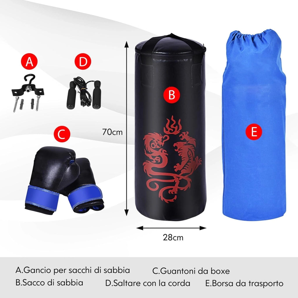 Set Sacco da Boxe per Bambini da 5 Pezzi, Sacco da Pugilato con Guantoni da Boxe, Corda per Saltare, Borsa e Gancio, Sacco da Box per Arti Marziali Miste Kick Boxing Boxe Thai