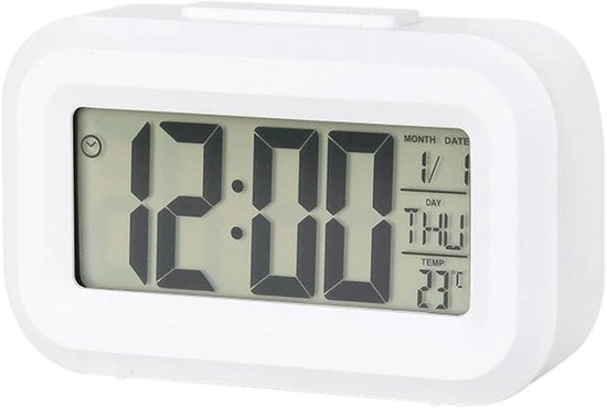 Wekker digitale con grande schermo, orologio da notte con calendario temperatura illuminante, funziona con batterie, sveglia da tavolo camera da letto (bianco)