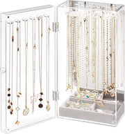Organizzatore di gioielli in vetro, display per collane con 24 ganci, contenitore trasparente per gioielli con cassetto morbido e specchio.