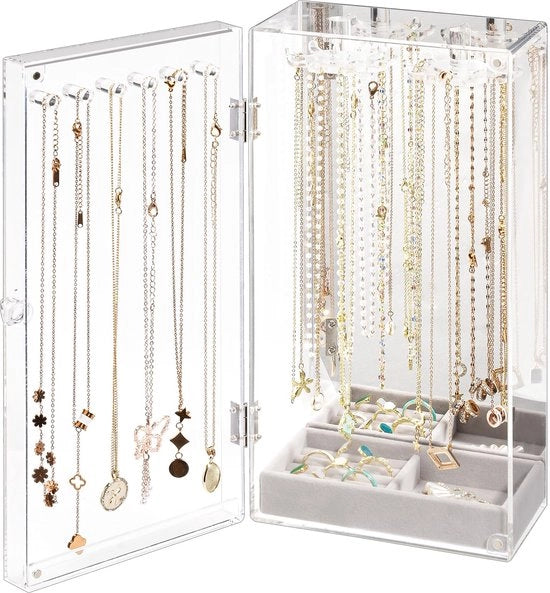 Organizzatore di gioielli in vetro, display per collane con 24 ganci, contenitore trasparente per gioielli con cassetto morbido e specchio.