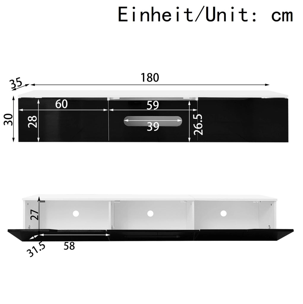 Mobile TV 180 cm nero e bianco con LED a 16 colori via Bluetooth; 3 ante