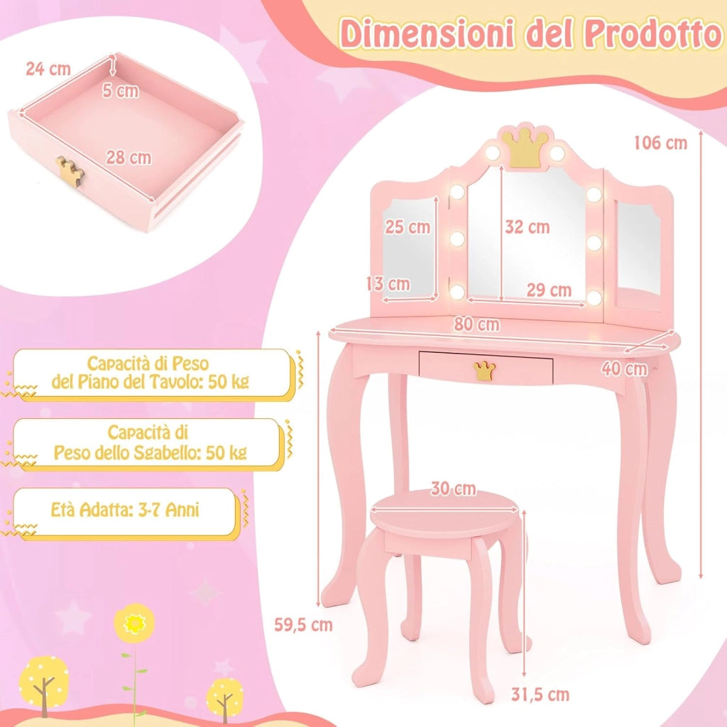 Set Toeletta Trucco per Bambina con Sgabello, Tavolo Trucco Triplo Specchio Staccabile con Luci LED a 3 Colori, Postazione Trucco con Cassetto e Accessori, per Bambine 3-7 Anni (Rosa)