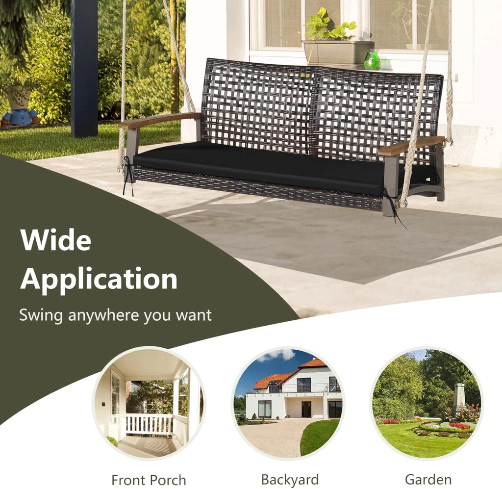 Porch Swing in Vimini PE a 2 Posti, Altalena da Esterno con Morbido Cuscino Sedile e Cordami Appendiabili, Capacità di Carico di 360 KG, Adatta per Cortile, Giardino, Portico (Nero)