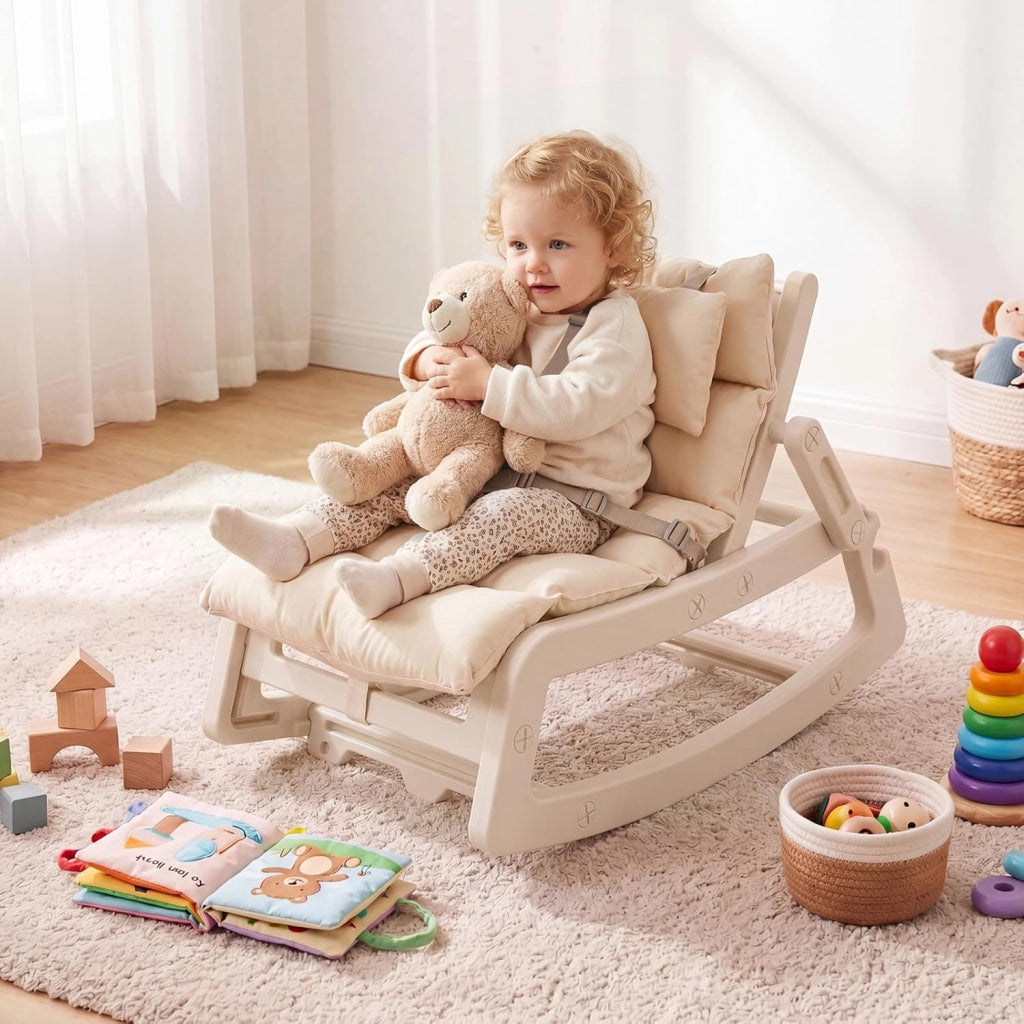Sedia a Dondolo Bambini, Schienale Regolabile, con Cucino (Beige) | Sdraietta a Dondolo, Poggiatesta Rimovibile e Cintura 5 Punti, Portata 80 kg, per Bambini 6+ Mesi