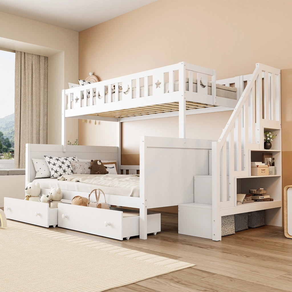 Letto a Castello 90×200 cm e 140×200 cm; Letto 3 Posti con Scala Contenitore e 2 Cassetti; senza Materasso