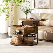 Tavolino basso sollevabile rotondo con vano contenitore e ripiano, legno marrone, diametro 80 cm, h 47-61,5 cm
