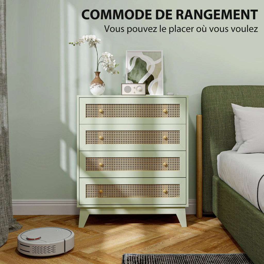 Cassettiera 4 Cassetti in Legno con Intreccio in Rattan ¨C Zephmum ¨C Effetto Legno Chiaro 80x35x95 cm Verde