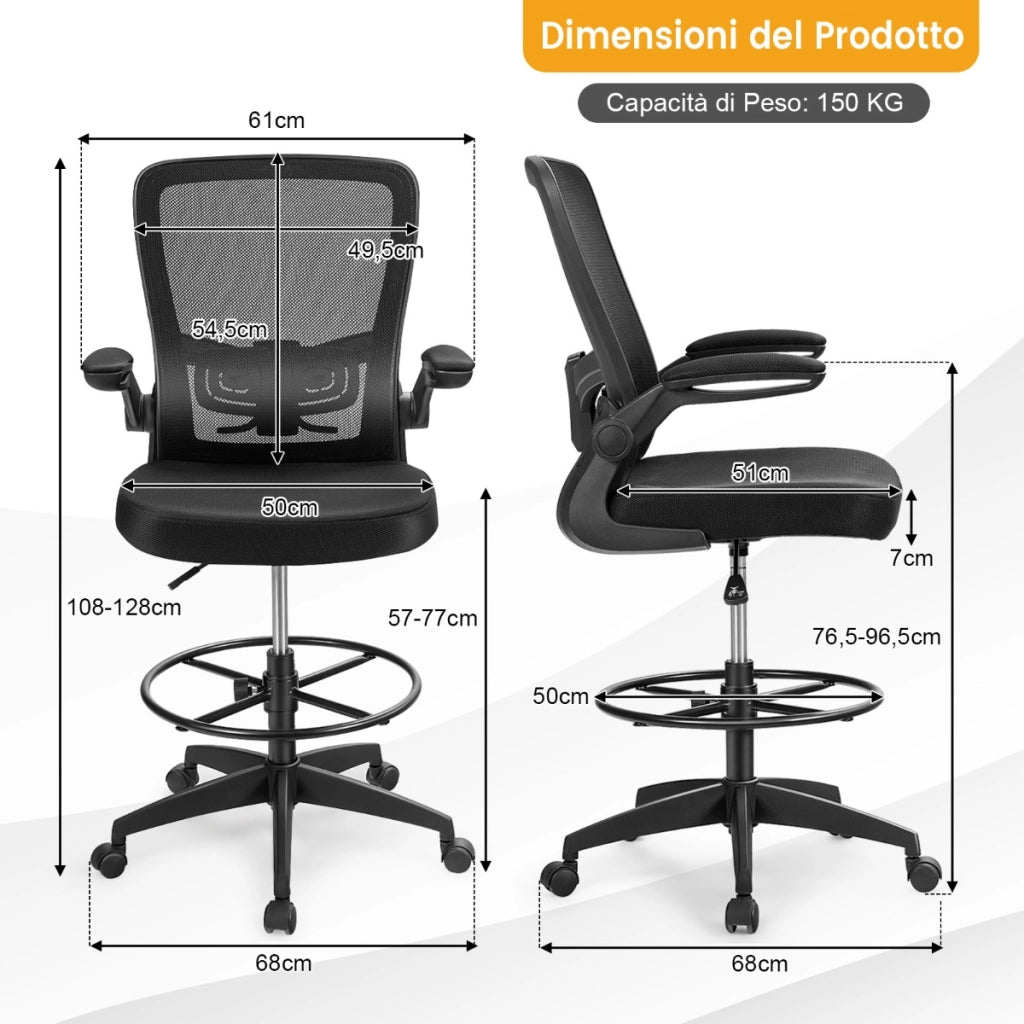 Sedia girevole con altezza regolabile braccioli a ribalta anello poggiapiedi, Sedia da ufficio 68x68x108-128cm Nero-Sedie da ufficio