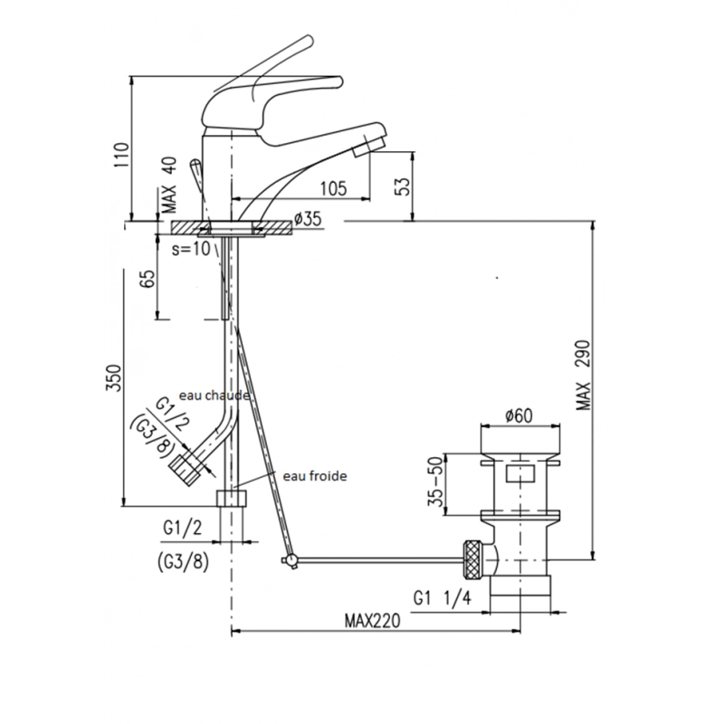 Miscelatore lavabo SAZAVA in ottone cromato con sifone