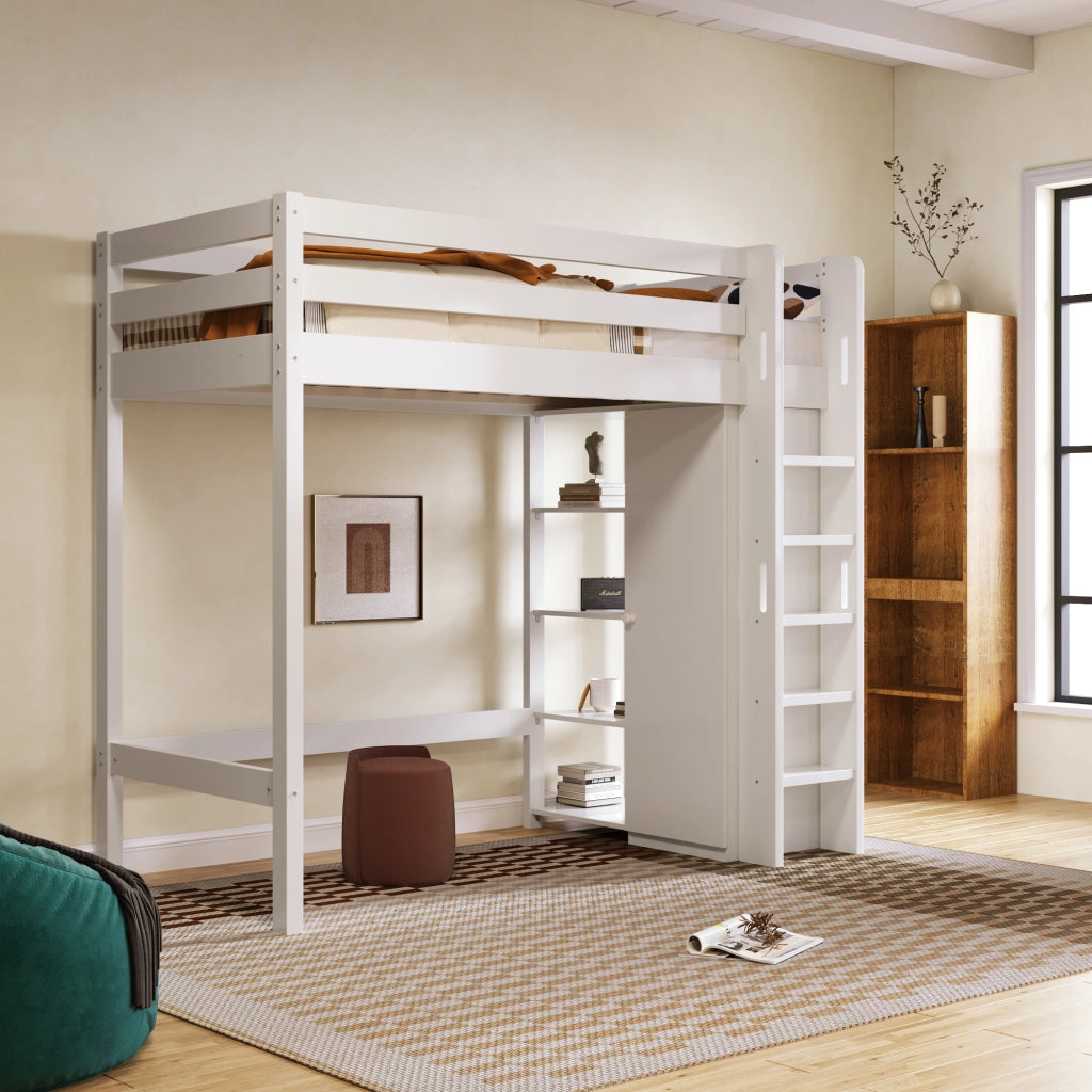 Letto a Soppalco 90x200 cm; Letto Singolo - Armadio e 6 Ripiani - Legno - Bianco