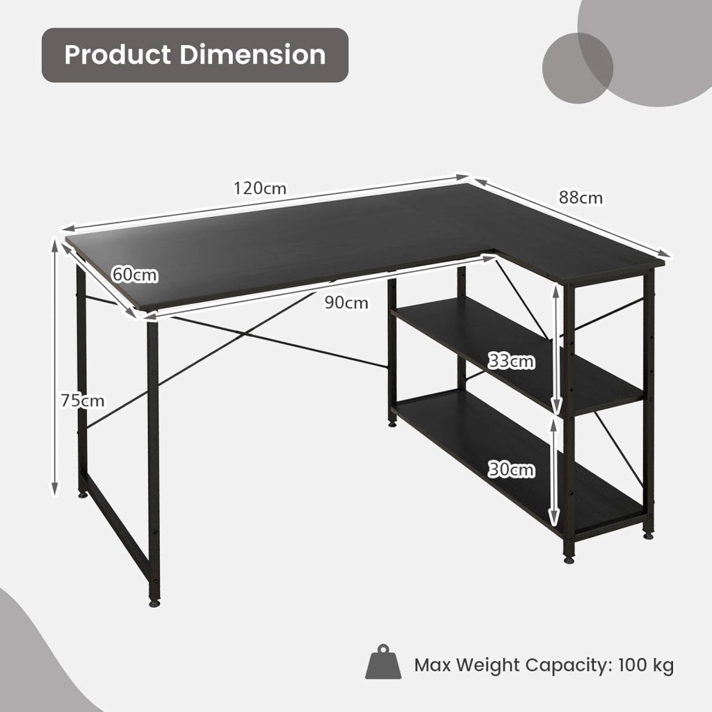 Scrivania Libreria da Ufficio a Forma di L, Scrivania ad Angolo con Scaffale a 2 Ripiani, Design Industriale con Ripiani Reversibili, per Casa, Ufficio, Soggiorno (Nero)