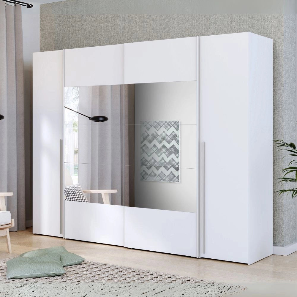 Armadio Callia con 2 ante battenti colore bianco e 2 ante scorrevoli con specchio 270.3x61.2xH210.5 cm.