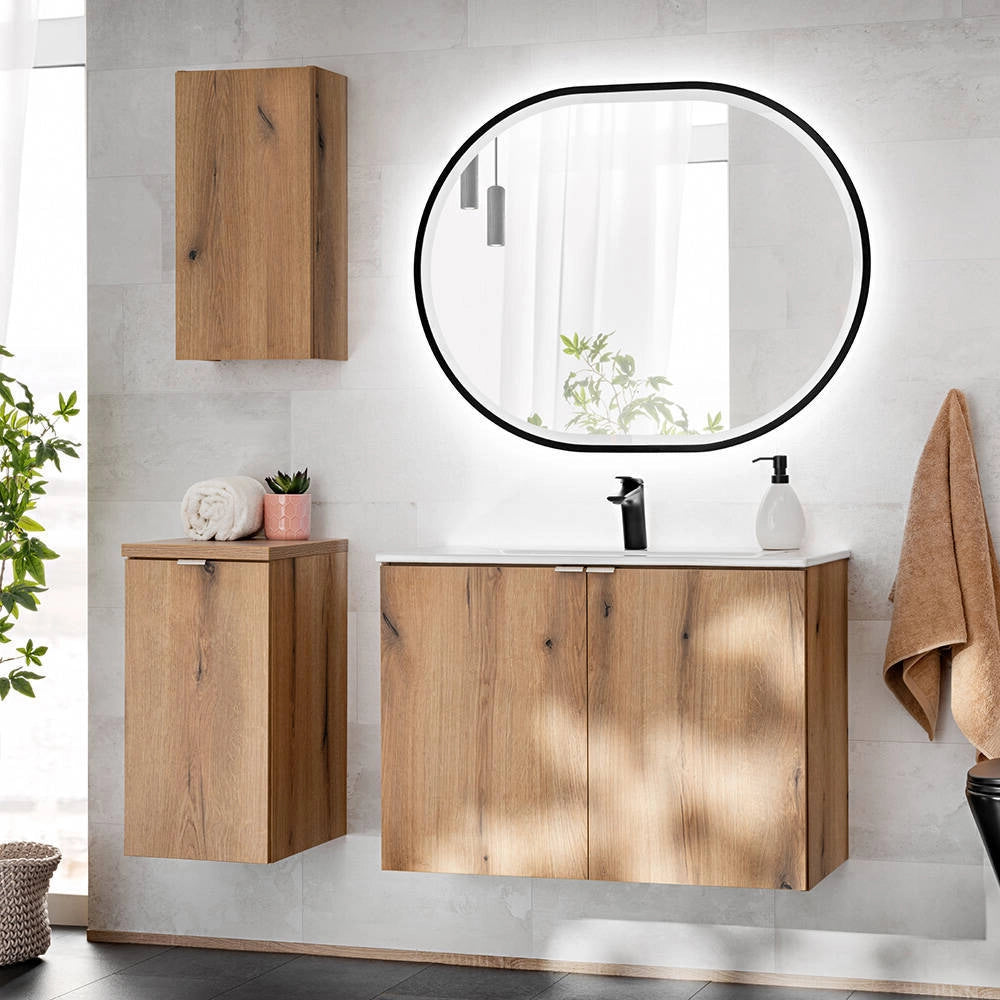 Armadio Pensile Sottolavabo NEWPORT con Lavandino 80x57x39 cm Effetto Rovere [en.casa]