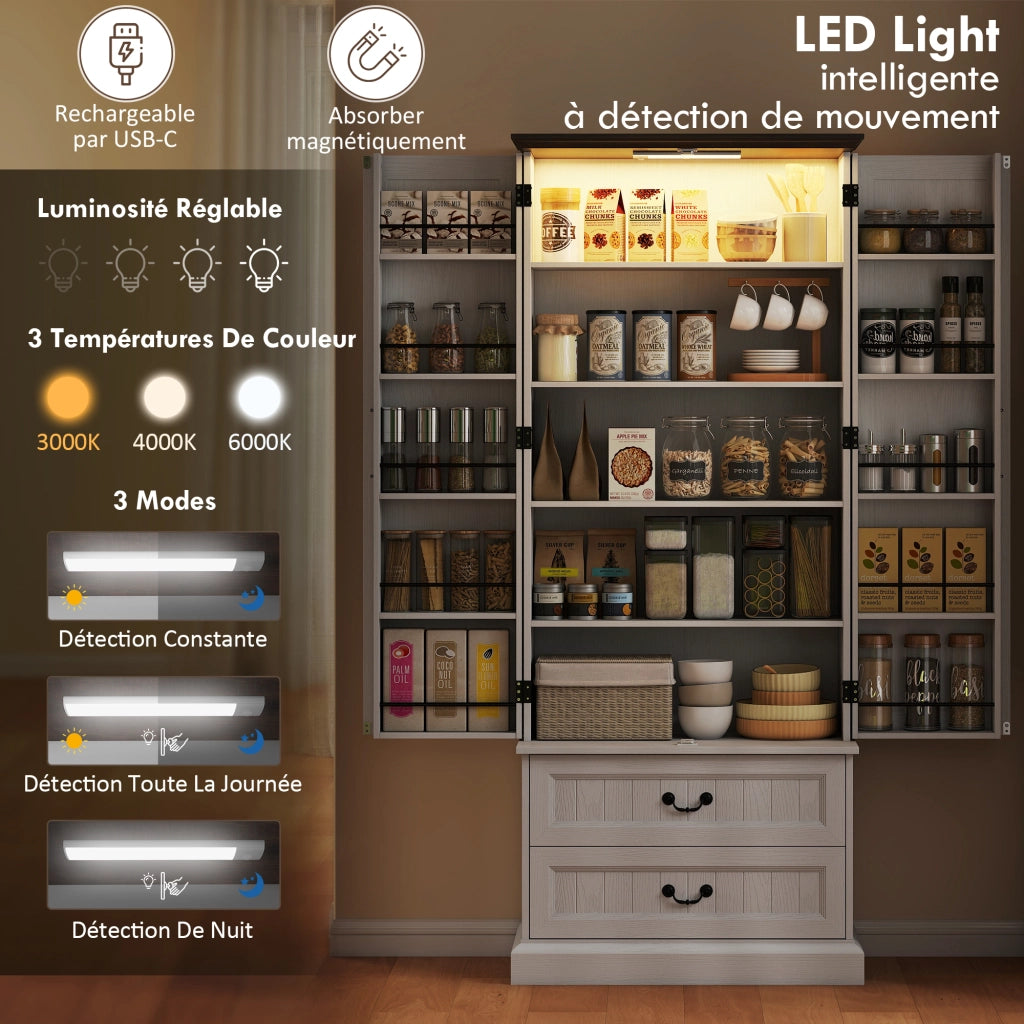 Armadio da cucina ¨C zephmum ¨C 2 ante, cassetti, ripiani regolabili, LED, 76x39.5x183cm, bianco