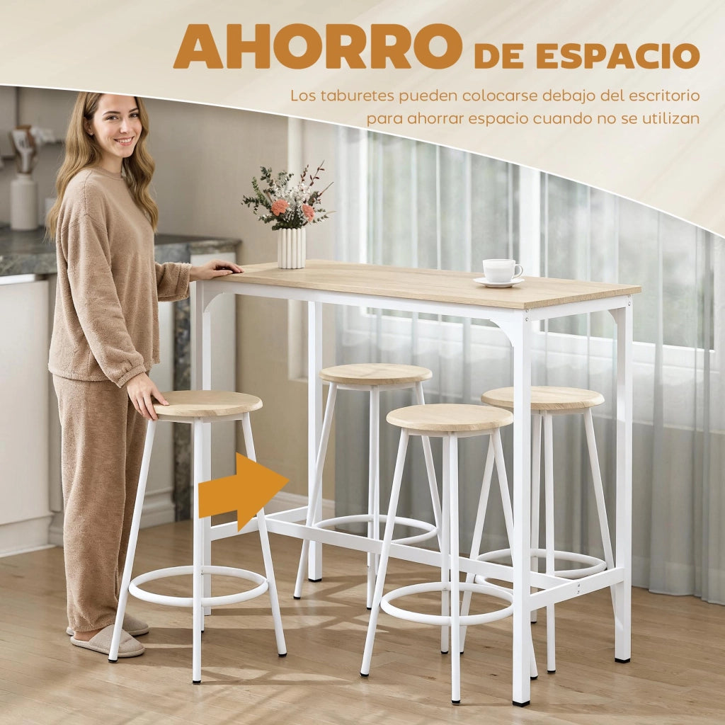 Set Tavolo da Bar e 4 Sgabelli Stile Industriale ¨C zephmum ¨C Bianco e Legno Naturale