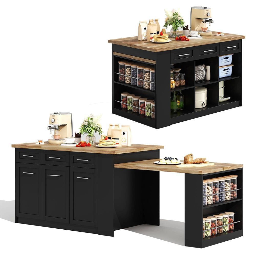 ?lot de cucina multifunzionale - Xylo - 150x96 cm - Nero - Tavola allungabile, piano laminato legno, armadi integrati