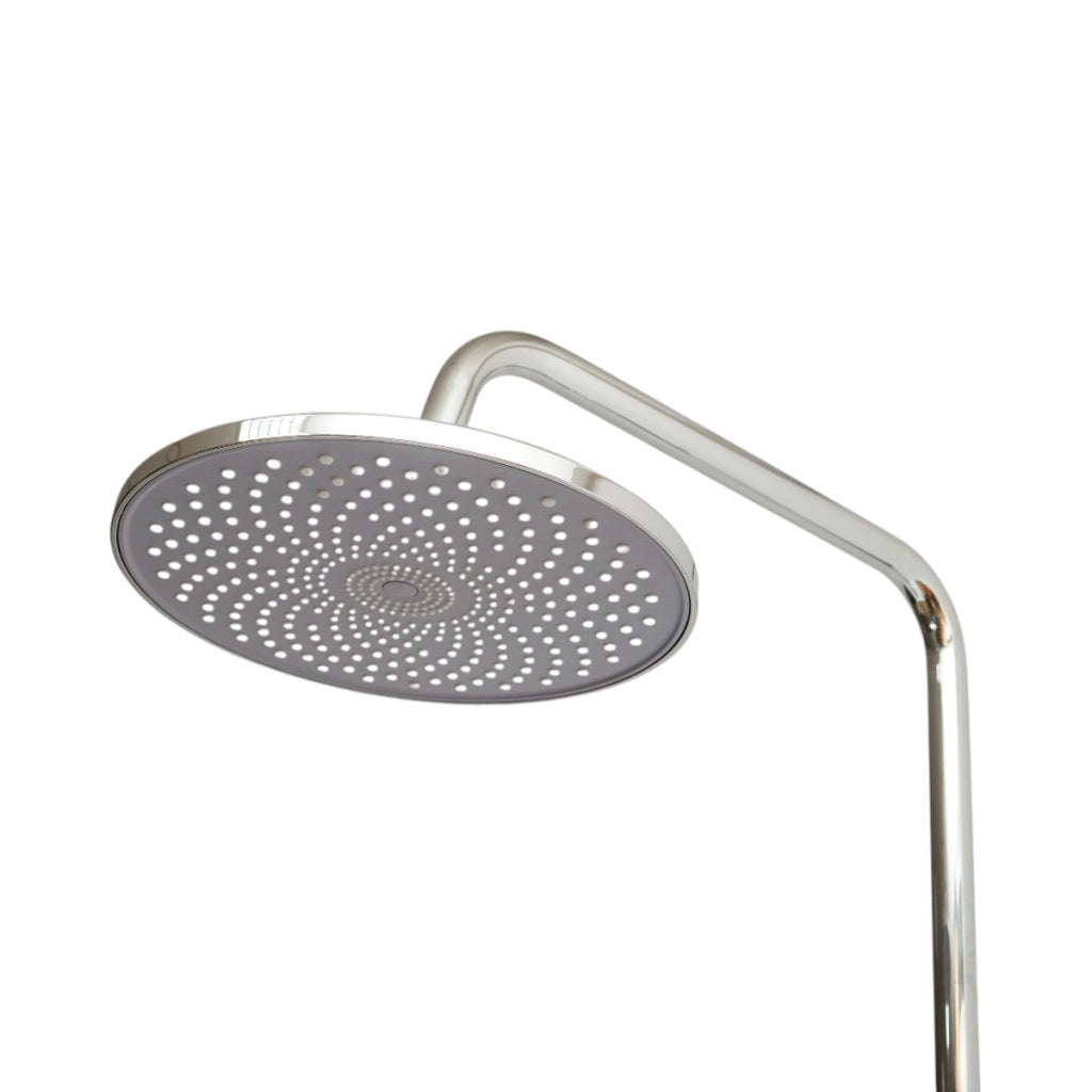 Set doccia multifunzionale da parete con doccetta a mano, bocca per vasca, soffione rotondo, cartuccia in ceramica, finitura cromo lucido.