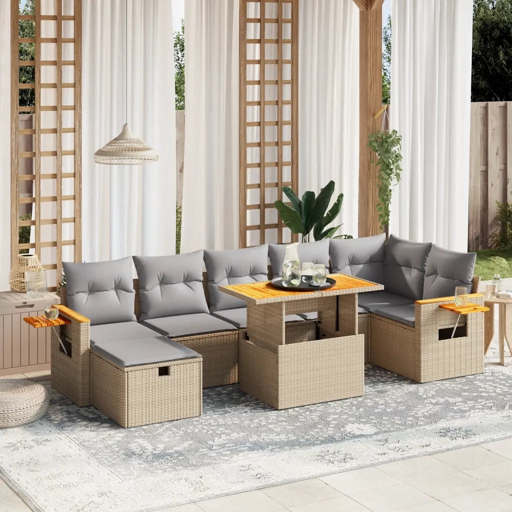 Set Divano da Giardino 8 pz con Cuscini Beige in Polyrattan