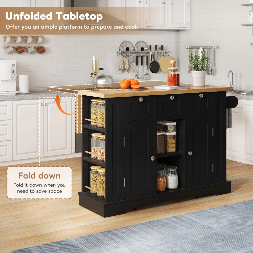 Carrello da cucina con piano ribaltabile e ruote, 3 cassetti, 2 vani con ante, per cucina, in MDF, natural e nero