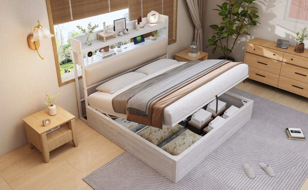 DESMIU Lit coffre 180 × 200 cm 2 places avec USB, tête de lit avec rangement, sans matelas, blanc